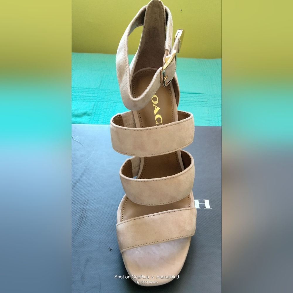 COACH Blush MARINA Three-Strap Suede Ankle-Strap Heel in Blush.